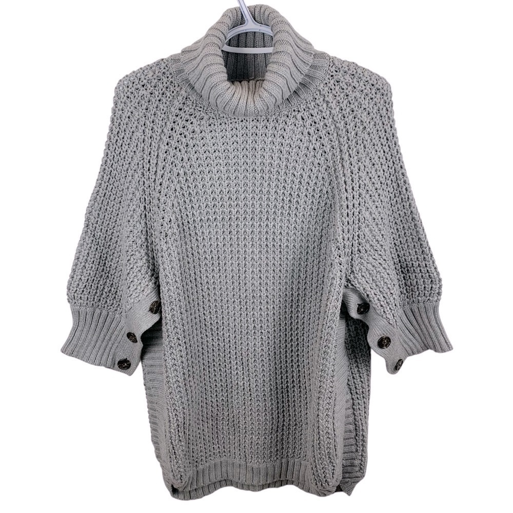 NWT J. Crew sz S Chunky Grey Knit Turtleneck Button Sleeve Poncho Sweater - Picture 2 of 9
